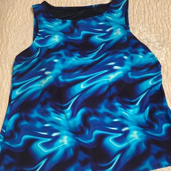 Land’s End Plus Standard Size high neck tankini top electric blue swirl bra Var - Picture 6 of 11